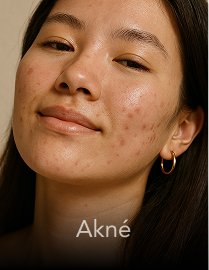 A lady looking in front and smiling with acne on her face.