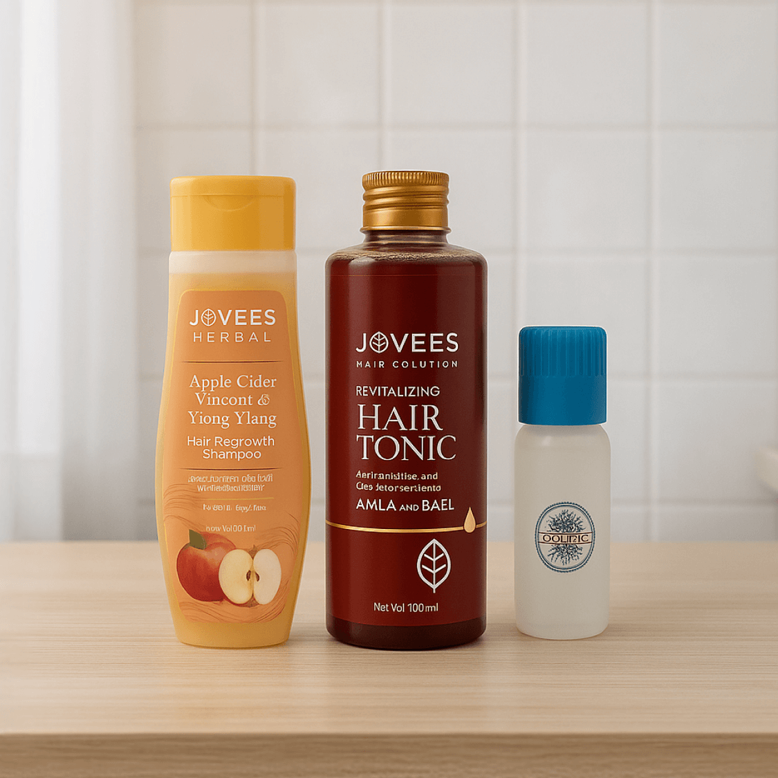 Na dřevěném povrchu stojí tři výrobky pro péči o vlasy: Jovees Herbal Apple Cider Ocet & Ylang Ylang Shampoo, Jovees Revitalizing Hair Tonic a BIOVATIKA Hair Growth Booster 3v1 - šampon, sérum a aplikátor pro podporu růstu vlasů.